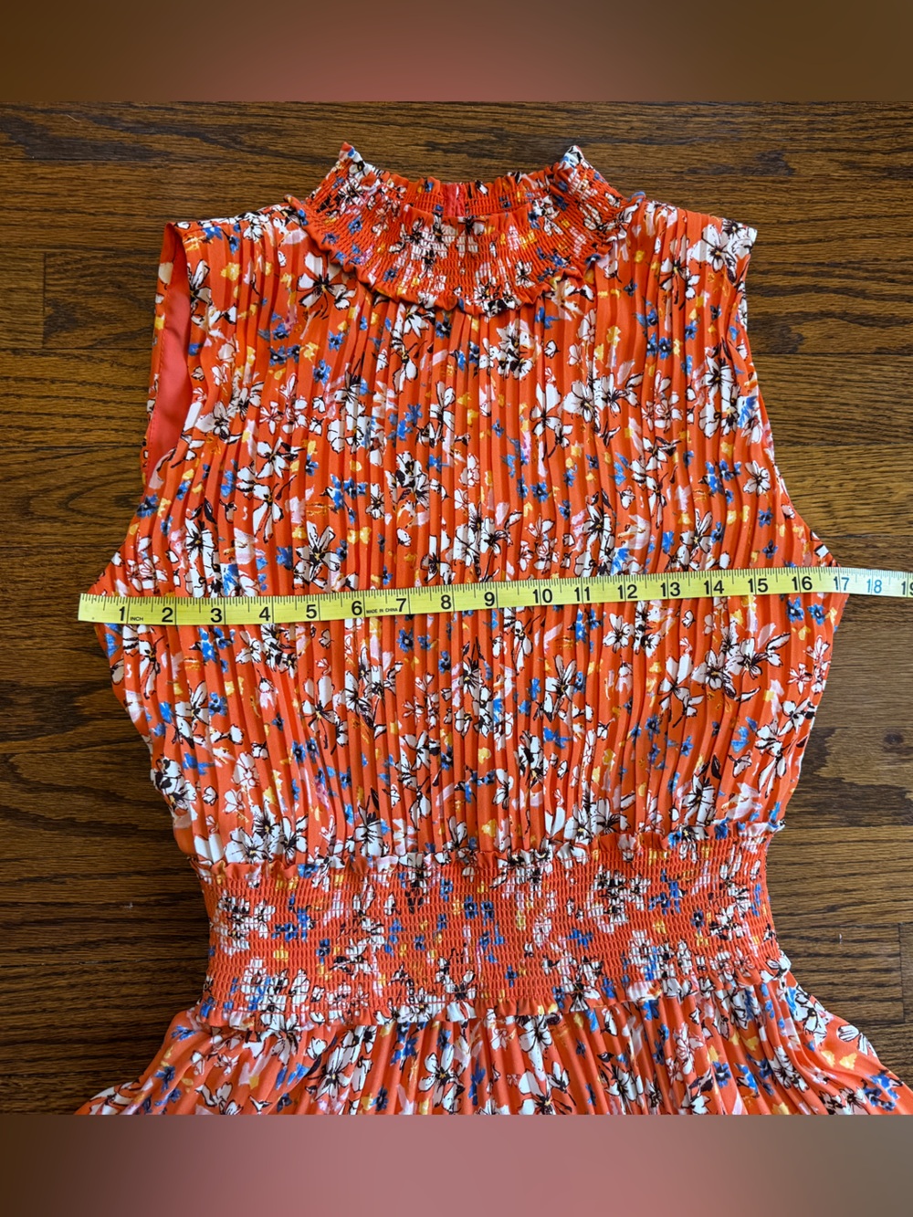 Nanette Lepore Orange Floral A-Line High Neck Pleated Smocked Lined Dress 10 - Picture 9 of 11